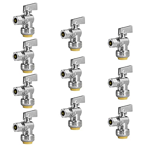 10 PCS Push Fit 1/4 Turn Angle Stop Valve Water Shut Off 1/2 Push x 3/8 Inch Compression Chrome,Lead Free Stop Valve Push-fit Angle Valve 1/2* 3/8”
