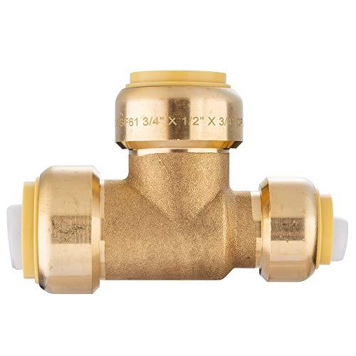 EFIELD Hoger 3/4"x 1/2" x3/4" Tee Push-Fit Fitting to Connect Pex, Copper, CPVC, No-Lead Brass Push-fit Fittings Reducing Tee